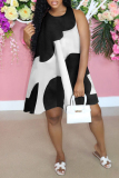 Black Fashion Casual Plus Size Print Patchwork O Neck Sleeveless Dress