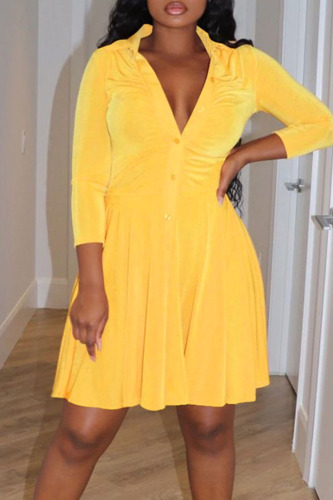 Yellow Casual Buckle Turndown Collar Long Sleeve Pleated A Line Velvet Mini Dresses
