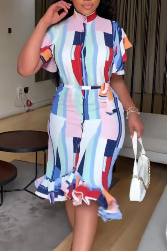 Multicolor Casual Print Bandage Patchwork Buckle Flounce Half A Turtleneck Straight Dresses