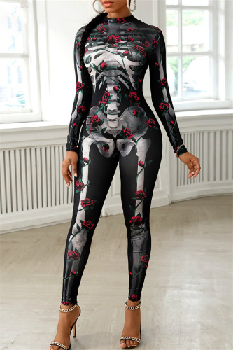 Black Halloween Skeleton Print Long Sleeve Fall Winter Women Skinny Jumpsuit Bodysuit