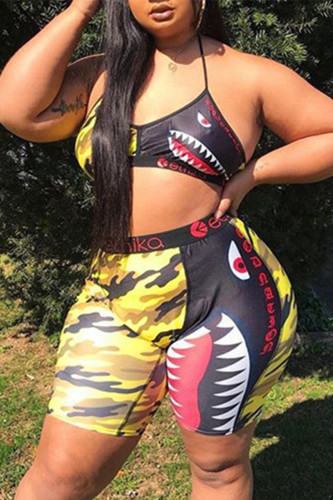 Yellow Fashion Sexy Print Bandage Patchwork Backless Halter Sleeveless Two Pieces