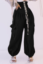 Black Casual Street Solid Bandage Patchwork High Waist Wide Leg Solid Color Bottoms
