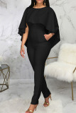 Black Sexy Solid Patchwork Backless Flounce O Neck Regular Jumpsuits