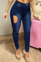 Deep Blue Fashion Casual Solid Ripped Patchwork High Waist Skinny Denim Jeans