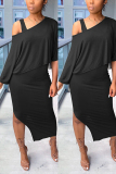 Black Europe and America Two Piece Suits Patchwork Solid pencil Sleeveless Two-Piece Dress