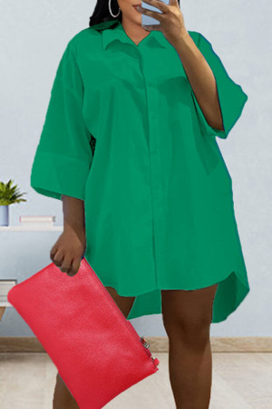 Green Casual Solid Patchwork Buckle Turndown Collar Shirt Dress Dresses