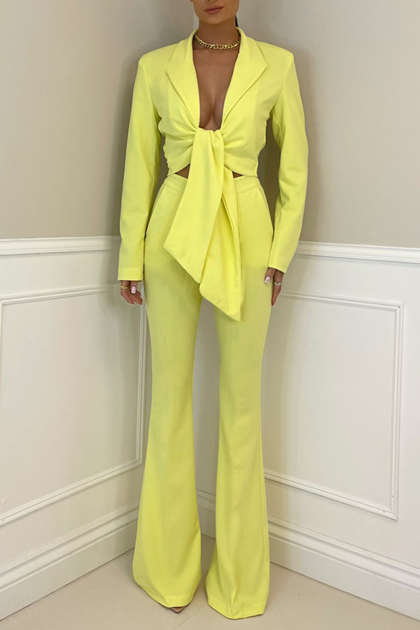 Yellow Sexy Solid Patchwork Knotted Turn-back Collar Long Sleeve Two Pieces