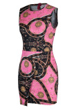 Pink Orange Casual Print Patchwork Buttons O Neck One Step Skirt Dresses