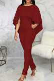 Red Sexy Solid Patchwork Backless Flounce O Neck Regular Jumpsuits