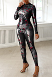 Black Fashion Casual Print Patchwork Half A Turtleneck Skinny Jumpsuits