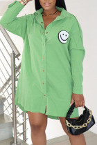 Light Green Casual Print Patchwork Buckle Turndown Collar Shirt Dress Dresses