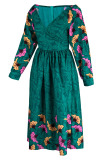 Green Casual Elegant Print Patchwork V Neck A Line Dresses