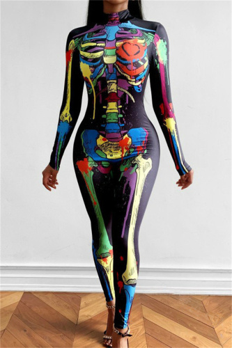 Yellow Halloween Skeleton Print Long Sleeve Fall Winter Women Skinny Jumpsuit Bodysuit