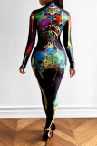 Colour Fashion Casual Print Patchwork Half A Turtleneck Skinny Jumpsuits
