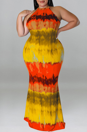 Yellow Fashion Casual Plus Size Print Tie-dye O Neck Sleeveless Dress