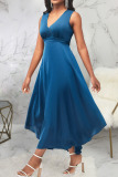 Blue Casual Solid Patchwork V Neck A Line Dresses