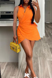 Orange Casual Solid Patchwork Asymmetrical Turndown Collar Dresses