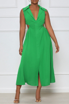 Green Fashion Casual Solid Hollowed Out Patchwork V Neck Sleeveless Dress
