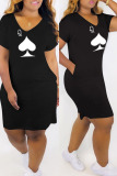 Black Fashion Casual Plus Size Print Patchwork V Neck Short Sleeve Dress