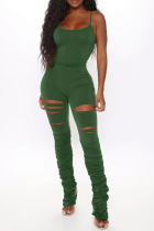 Army Green Sexy Solid Hollowed Out Spaghetti Strap Skinny Jumpsuits