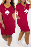 Burgundy Fashion Casual Plus Size Print Patchwork V Neck Short Sleeve Dress
