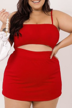 Red Fashion Solid Patchwork Spaghetti Strap Plus Size Two Pieces