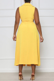 Yellow Fashion Casual Solid Hollowed Out Patchwork V Neck Sleeveless Dress