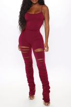 Burgundy Sexy Solid Hollowed Out Spaghetti Strap Skinny Jumpsuits