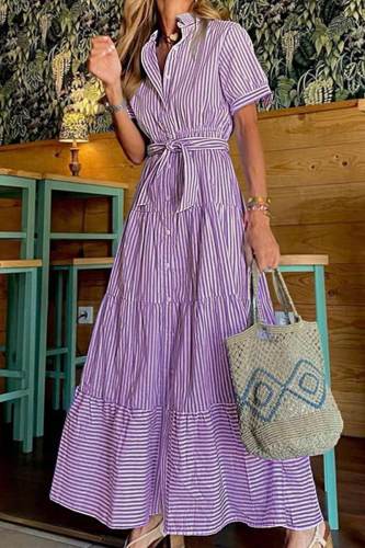 Purple Casual Striped Print Patchwork Buckle Turndown Collar Shirt Dress Dresses