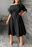 Red Casual Elegant Solid Patchwork Draw String Fold Oblique Collar Dresses