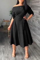 Black Casual Elegant Solid Patchwork Draw String Fold Oblique Collar Dresses