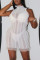 White Fashion Sexy Solid Patchwork See-through Turtleneck Sleeveless Dress