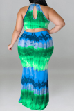 Green Fashion Casual Plus Size Print Tie-dye O Neck Sleeveless Dress