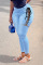 Light Blue Sexy Solid Bandage Hollowed Out Patchwork High Waist Denim Jeans