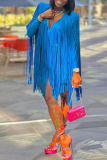 Blue Fashion Casual Solid Tassel Patchwork V Neck Straight Dresses