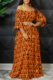 Orange Casual Print Patchwork Off the Shoulder Straight Dresses