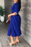 Blue Casual Elegant Solid Patchwork Draw String Fold Oblique Collar Dresses