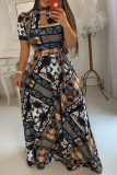 Decorative Pattern Casual Print Hollowed Out Half A Turtleneck Cake Skirt Dresses