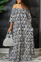 White Casual Print Patchwork Off the Shoulder Straight Dresses