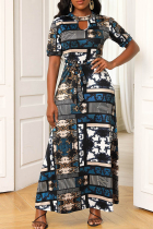 Brown Casual Print Hollowed Out Half A Turtleneck Cake Skirt Dresses