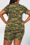 Army Green Casual Print Camouflage Print Patchwork V Neck Plus Size Two Pieces