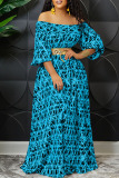 Blue Casual Print Patchwork Off the Shoulder Straight Dresses