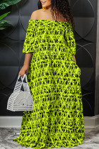 Green Casual Print Patchwork Off the Shoulder Straight Dresses