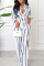 White Casual Striped Print Patchwork Turndown Collar Long Sleeve Two Pieces