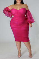 Rose Red Sexy Solid Patchwork Off the Shoulder One Step Skirt Plus Size Dresses