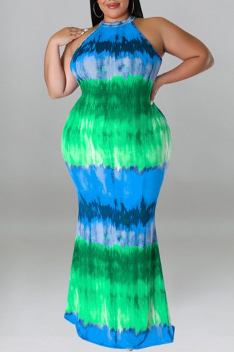 Green Fashion Casual Plus Size Print Tie-dye O Neck Sleeveless Dress