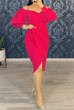 Rose Red Fashion Casual Solid Patchwork V Neck Long Sleeve Dresses