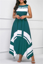 Dark Green Fashion Casual Print Asymmetrical O Neck Sleeveless Dress