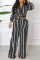 Black Casual Striped Print Patchwork Turndown Collar Long Sleeve Two Pieces