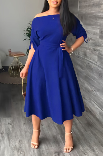 Blue Casual Elegant Solid Patchwork Draw String Fold Oblique Collar Dresses